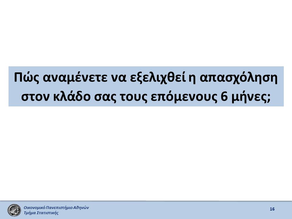 Οικονομικό Πανεπιστήμιο Αθηνών Τμήμα Στατιστικής Πώς αναμένετε να εξελιχθεί η απασχόληση στον κλάδο σας τους επόμενους 6 μήνες; 16