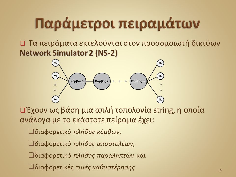 Network Simulator 2 (NS-2)  Τα πειράματα εκτελούνται στον προσομοιωτή δικτύων Network Simulator 2 (NS-2)  Έχουν ως βάση μια απλή τοπολογία string, η οποία ανάλογα με το εκάστοτε πείραμα έχει:  διαφορετικό πλήθος κόμβων,  διαφορετικό πλήθος αποστολέων,  διαφορετικό πλήθος παραληπτών και  διαφορετικές τιμές καθυστέρησης 16