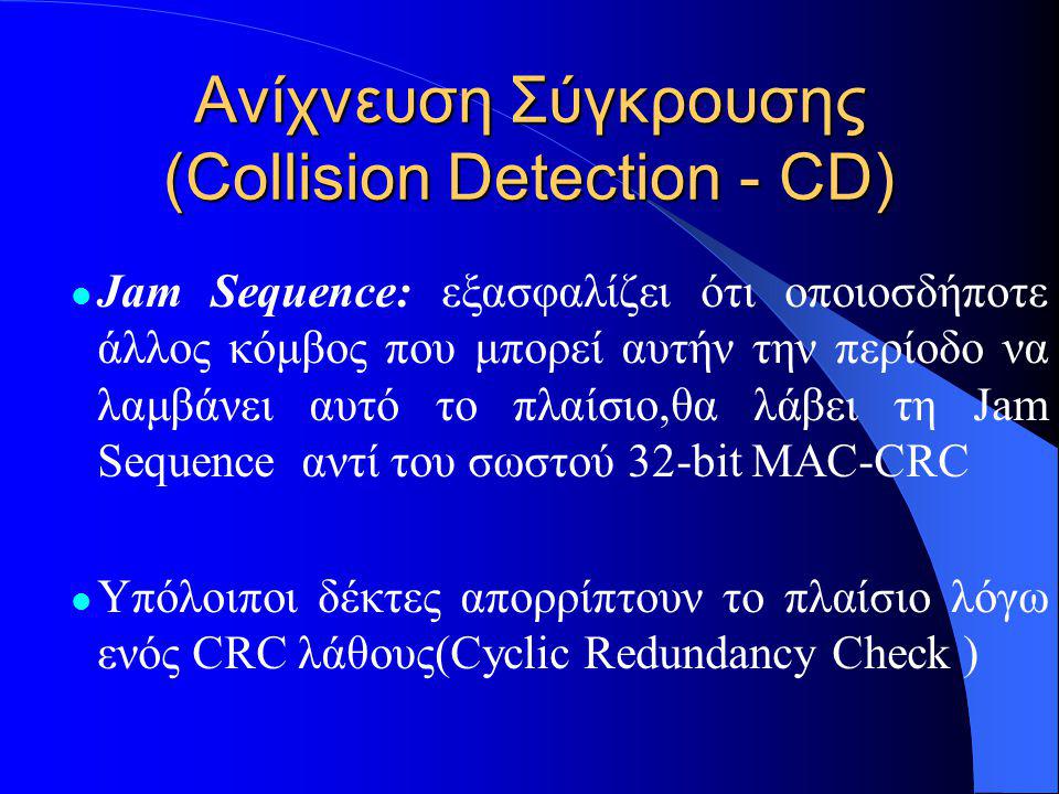 Ανίχνευση Σύγκρουσης (Collision Detection - CD)  Jam Sequence: εξασφαλίζει ότι οποιοσδήποτε άλλος κόμβος που μπορεί αυτήν την περίοδο να λαμβάνει αυτό το πλαίσιο,θα λάβει τη Jam Sequence αντί του σωστού 32-bit MAC-CRC  Υπόλοιποι δέκτες απορρίπτουν το πλαίσιο λόγω ενός CRC λάθους(Cyclic Redundancy Check )