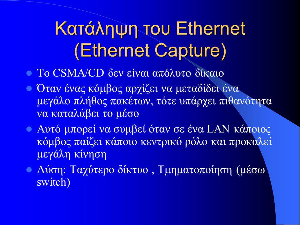Κατάληψη του Ethernet (Ethernet Capture)  Το CSMA/CD δεν είναι απόλυτο δίκαιο  Όταν ένας κόμβος αρχίζει να μεταδίδει ένα μεγάλο πλήθος πακέτων, τότε υπάρχει πιθανότητα να καταλάβει το μέσο  Αυτό μπορεί να συμβεί όταν σε ένα LAN κάποιος κόμβος παίζει κάποιο κεντρικό ρόλο και προκαλεί μεγάλη κίνηση  Λύση: Ταχύτερο δίκτυο, Τμηματοποίηση (μέσω switch)
