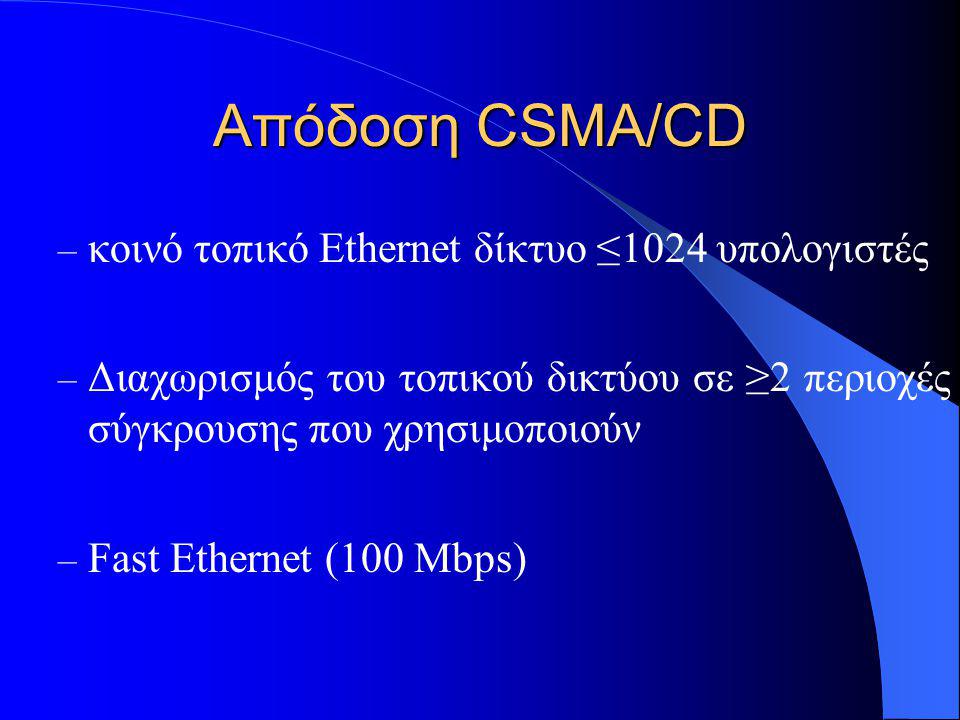 Απόδοση CSMA/CD – κοινό τοπικό Ethernet δίκτυο ≤1024 υπολογιστές – Διαχωρισμός του τοπικού δικτύου σε ≥2 περιοχές σύγκρουσης που χρησιμοποιούν – Fast Ethernet (100 Mbps)