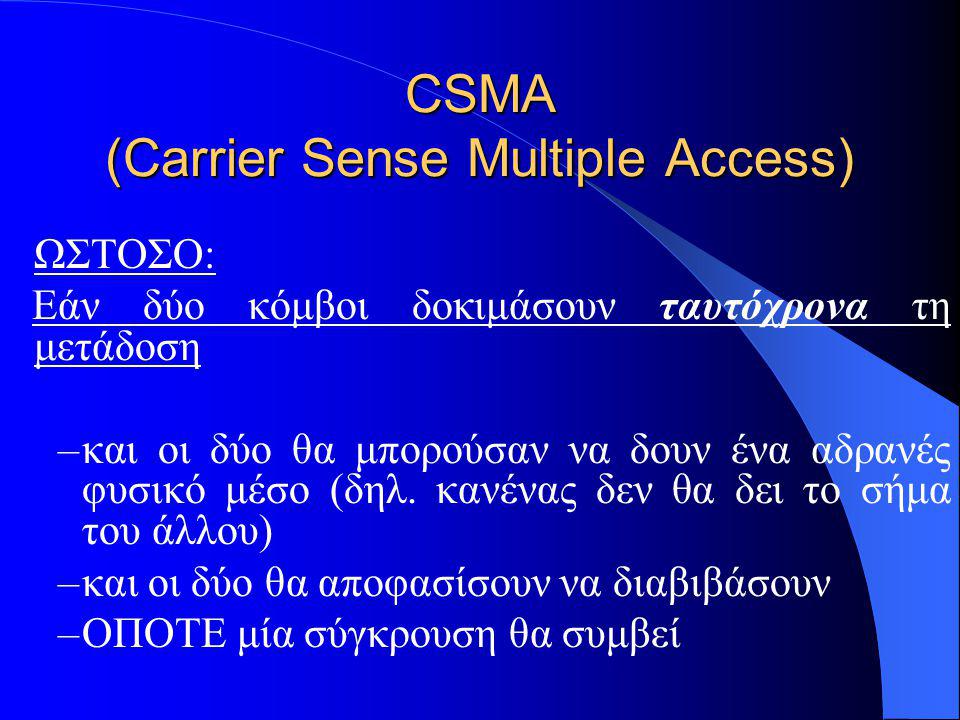 CSMA (Carrier Sense Multiple Access) ΩΣΤΟΣΟ: Εάν δύο κόμβοι δοκιμάσουν ταυτόχρονα τη μετάδοση –και οι δύο θα μπορούσαν να δουν ένα αδρανές φυσικό μέσο (δηλ.