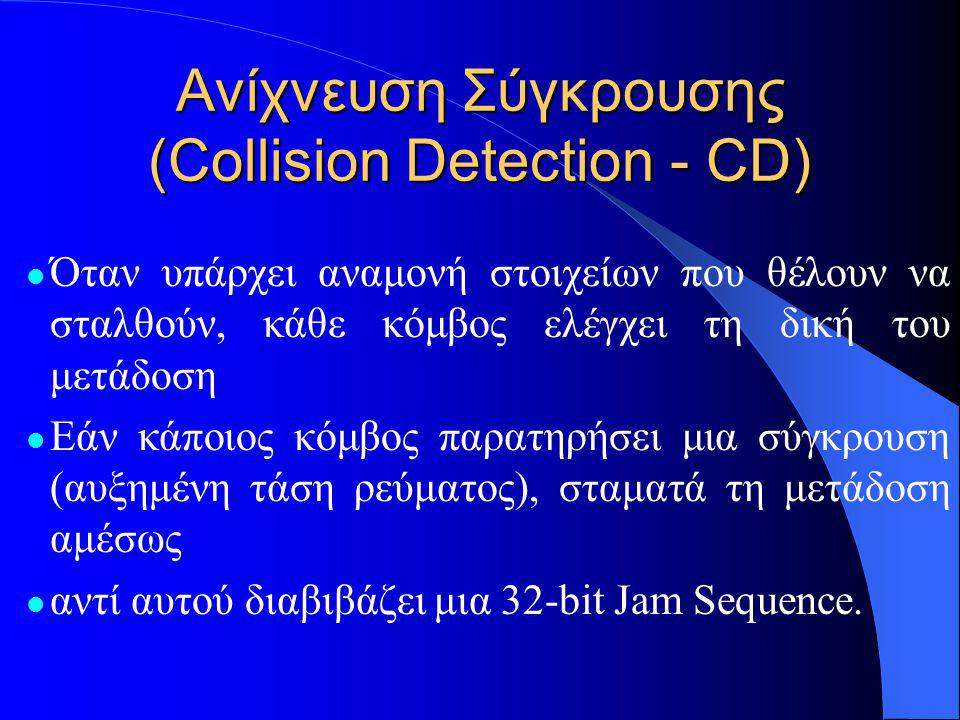 Ανίχνευση Σύγκρουσης (Collision Detection - CD)  Όταν υπάρχει αναμονή στοιχείων που θέλουν να σταλθούν, κάθε κόμβος ελέγχει τη δική του μετάδοση  Εάν κάποιος κόμβος παρατηρήσει μια σύγκρουση (αυξημένη τάση ρεύματος), σταματά τη μετάδοση αμέσως  αντί αυτού διαβιβάζει μια 32-bit Jam Sequence.