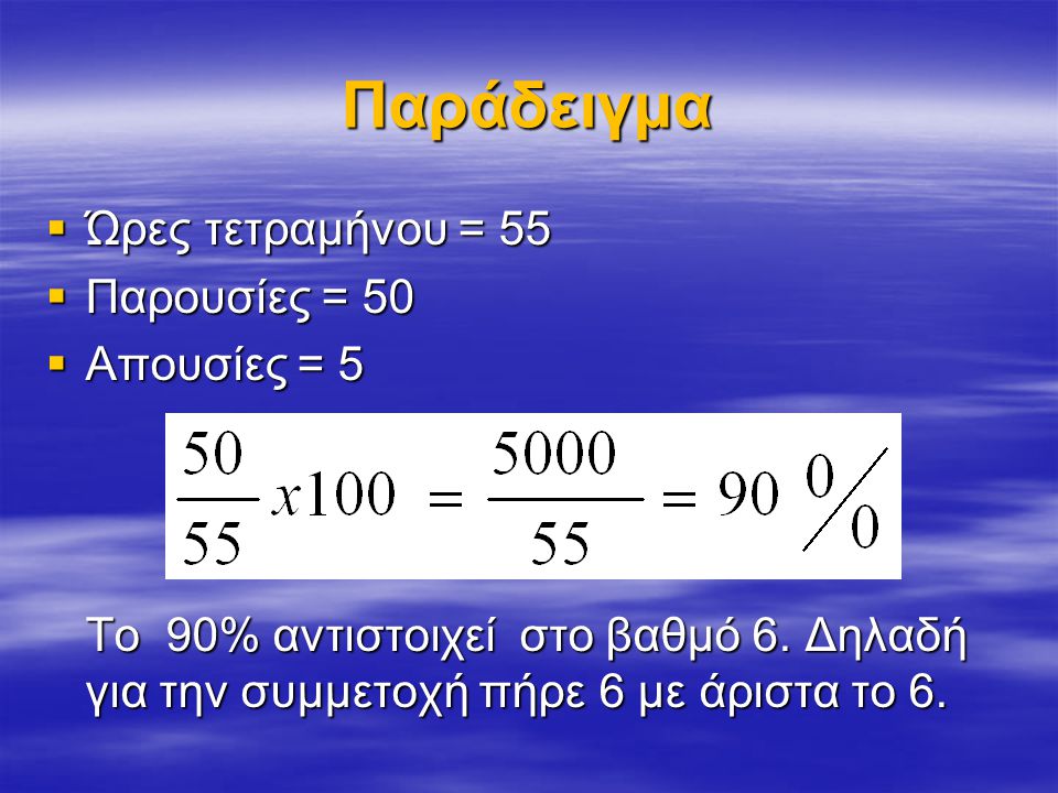 Παράδειγμα  Ώρες τετραμήνου = 55  Παρουσίες = 50  Απουσίες = 5 Το 90% αντιστοιχεί στο βαθμό 6.