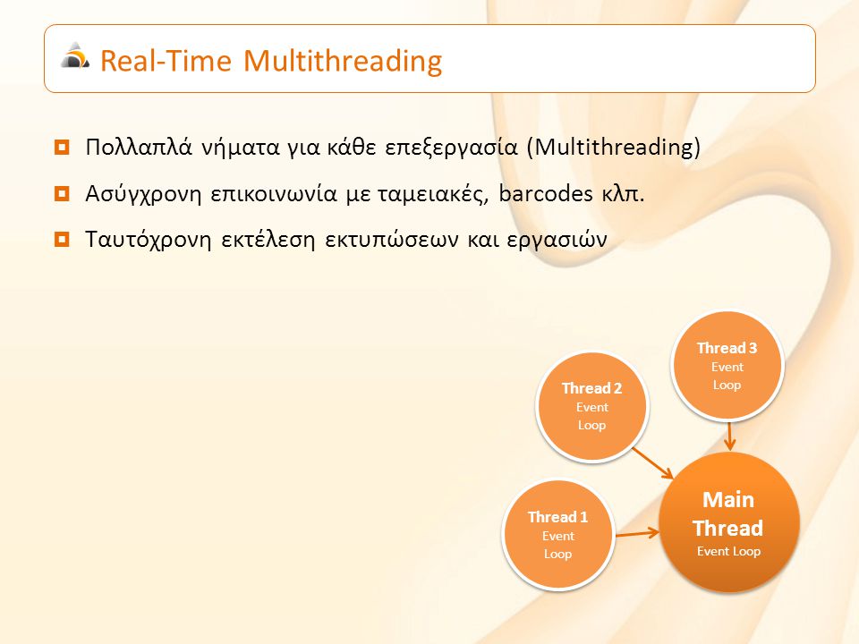 Real-Time Multithreading  Πολλαπλά νήματα για κάθε επεξεργασία (Multithreading)  Ασύγχρονη επικοινωνία με ταμειακές, barcodes κλπ.