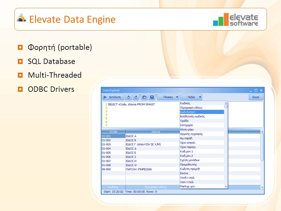 Elevate Data Engine  Φορητή (portable)  SQL Database  Multi-Threaded  ODBC Drivers