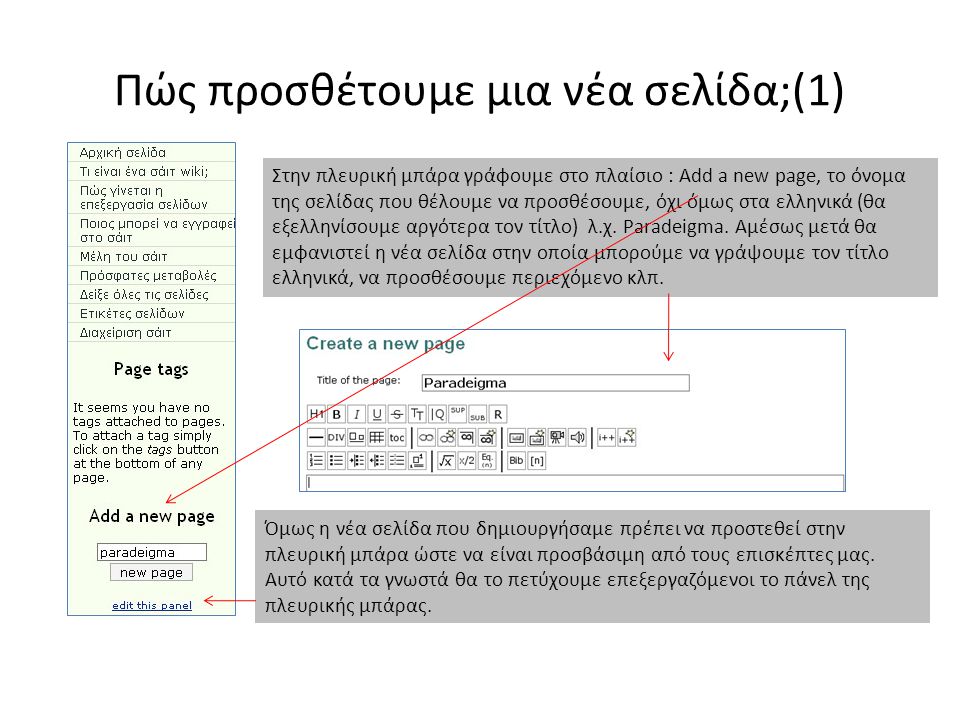 Πώς προσθέτουμε μια νέα σελίδα;(1) Στην πλευρική μπάρα γράφουμε στο πλαίσιο : Add a new page, το όνομα της σελίδας που θέλουμε να προσθέσουμε, όχι όμως στα ελληνικά (θα εξελληνίσουμε αργότερα τον τίτλο) λ.χ.