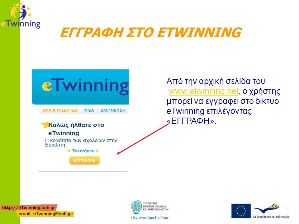 ΕΓΓΡΑΦΗ ΣΤΟ ETWINNING Από την αρχική σελίδα του   ο χρήστης μπορεί να εγγραφεί στο δίκτυο eTwinning επιλέγοντας «ΕΓΓΡΑΦΗ».