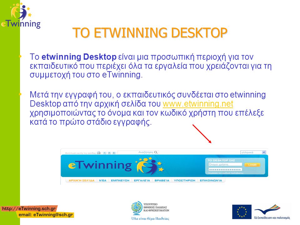 ΤΟ ETWINNING DESKTOP • Το etwinning Desktop είναι μια προσωπική περιοχή για τον εκπαιδευτικό που περιέχει όλα τα εργαλεία που χρειάζονται για τη συμμετοχή του στο eTwinning.