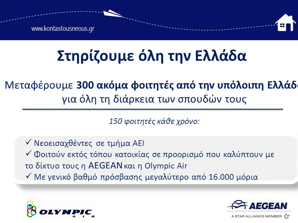 Στηρίζουμε όλη την Ελλάδα Μεταφέρουμε 300 ακόμα φοιτητές από την υπόλοιπη Ελλάδα για όλη τη διάρκεια των σπουδών τους 150 φοιτητές κάθε χρόνο:  Νεοεισαχθέντες σε τμήμα ΑΕΙ  Φοιτούν εκτός τόπου κατοικίας σε προορισμό που καλύπτουν με το δίκτυο τους η AEGEAN και η Olympic Air  Με γενικό βαθμό πρόσβασης μεγαλύτερο από μόρια