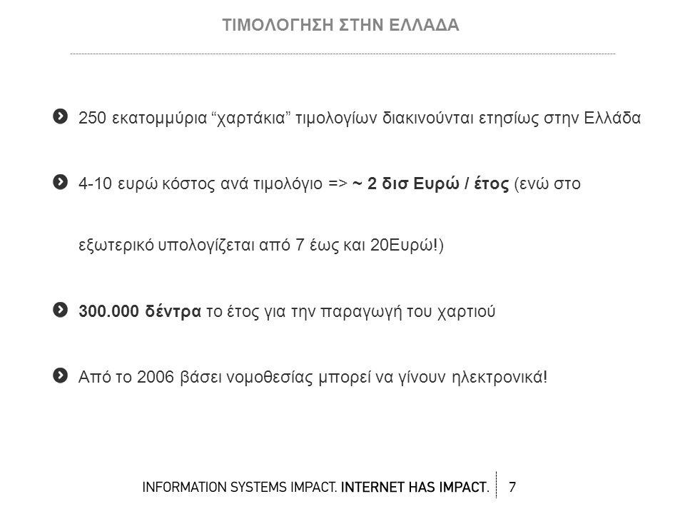 250 εκατομμύρια χαρτάκια τιμολογίων διακινούνται ετησίως στην Ελλάδα 4-10 ευρώ κόστος ανά τιμολόγιο => ~ 2 δισ Ευρώ / έτος (ενώ στο εξωτερικό υπολογίζεται από 7 έως και 20Ευρώ!) δέντρα το έτος για την παραγωγή του χαρτιού Από το 2006 βάσει νομοθεσίας μπορεί να γίνουν ηλεκτρονικά.