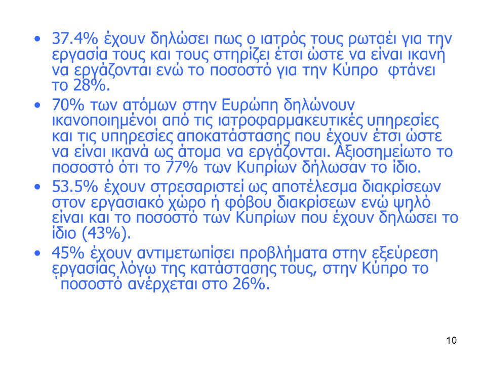 10 •37.4% έχουν δηλώσει πως ο ιατρός τους ρωταέι για την εργασία τους και τους στηρίζει έτσι ώστε να είναι ικανή να εργάζονται ενώ το ποσοστό για την Κύπρο φτάνει το 28%.