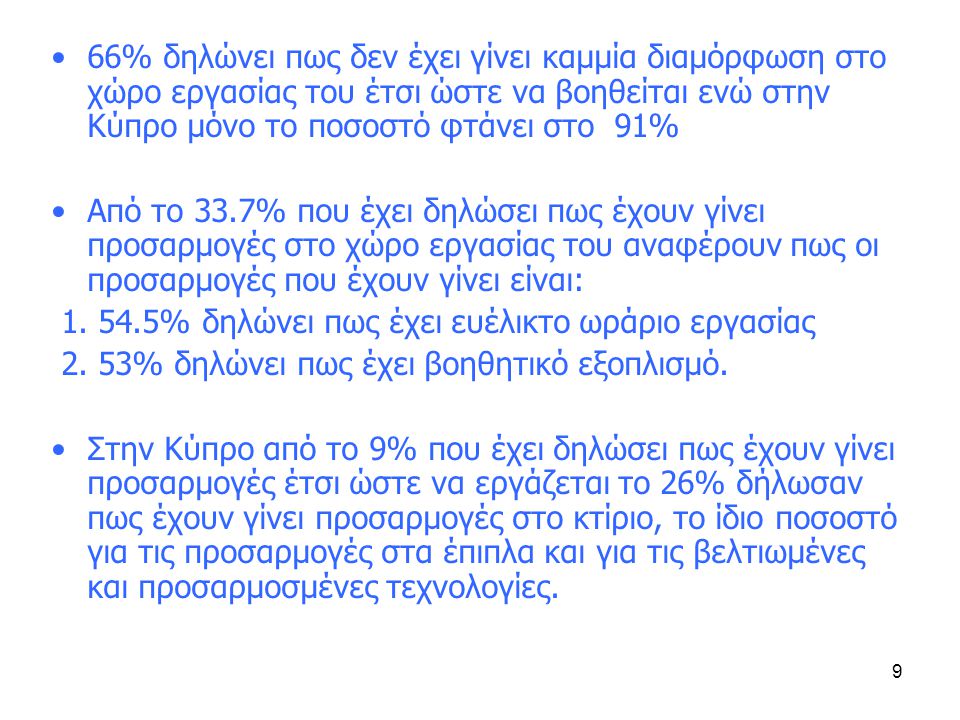 9 •66% δηλώνει πως δεν έχει γίνει καμμία διαμόρφωση στο χώρο εργασίας του έτσι ώστε να βοηθείται ενώ στην Κύπρο μόνο το ποσοστό φτάνει στο 91% •Από το 33.7% που έχει δηλώσει πως έχουν γίνει προσαρμογές στο χώρο εργασίας του αναφέρουν πως οι προσαρμογές που έχουν γίνει είναι: 1.