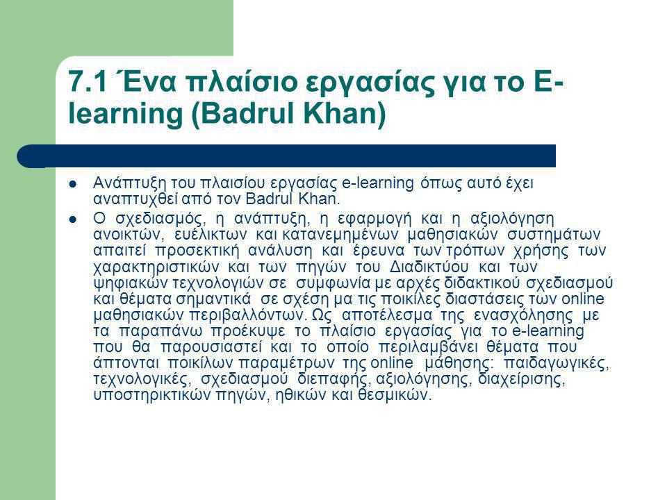 7.1 Ένα πλαίσιο εργασίας για το E- learning (Badrul Khan)  Ανάπτυξη του πλαισίου εργασίας e-learning όπως αυτό έχει αναπτυχθεί από τον Badrul Khan.