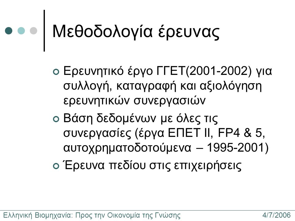 Ελληνική Βιομηχανία: Προς την Οικονομία της Γνώσης 4/7/2006 Μεθοδολογία έρευνας Ερευνητικό έργο ΓΓΕΤ( ) για συλλογή, καταγραφή και αξιολόγηση ερευνητικών συνεργασιών Βάση δεδομένων με όλες τις συνεργασίες (έργα ΕΠΕΤ ΙΙ, FP4 & 5, αυτοχρηματοδοτούμενα – ) Έρευνα πεδίου στις επιχειρήσεις