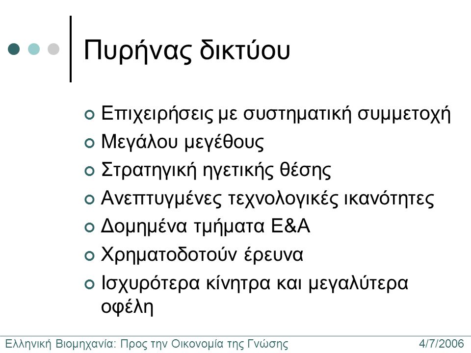 Ελληνική Βιομηχανία: Προς την Οικονομία της Γνώσης 4/7/2006 Πυρήνας δικτύου Επιχειρήσεις με συστηματική συμμετοχή Μεγάλου μεγέθους Στρατηγική ηγετικής θέσης Ανεπτυγμένες τεχνολογικές ικανότητες Δομημένα τμήματα Ε&Α Χρηματοδοτούν έρευνα Ισχυρότερα κίνητρα και μεγαλύτερα οφέλη
