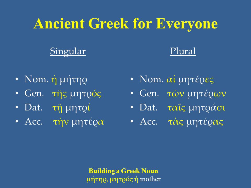 Ancient Greek for Everyone Singular • Nom. ἡ μήτηρ • Gen.