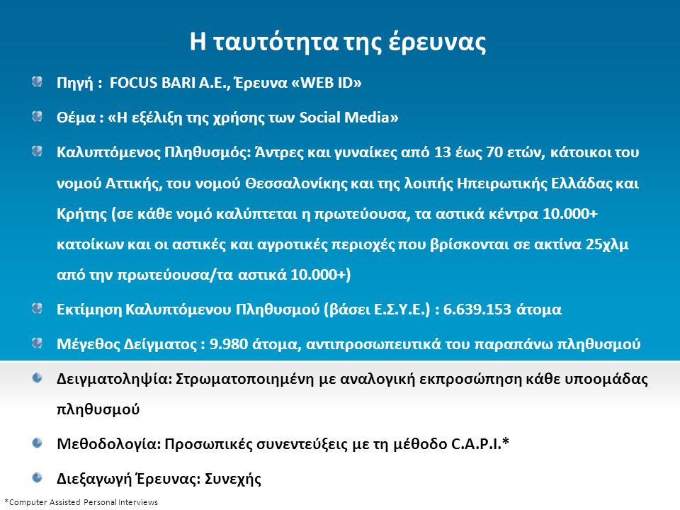 Η ταυτότητα της έρευνας Πηγή : FOCUS BARI A.E., Έρευνα «WEB ID» Θέμα : «Η εξέλιξη της χρήσης των Social Media» Καλυπτόμενος Πληθυσμός: Άντρες και γυναίκες από 13 έως 70 ετών, κάτοικοι του νομού Αττικής, του νομού Θεσσαλονίκης και της λοιπής Ηπειρωτικής Ελλάδας και Κρήτης (σε κάθε νομό καλύπτεται η πρωτεύουσα, τα αστικά κέντρα κατοίκων και οι αστικές και αγροτικές περιοχές που βρίσκονται σε ακτίνα 25χλμ από την πρωτεύουσα/τα αστικά ) Εκτίμηση Καλυπτόμενου Πληθυσμού (βάσει Ε.Σ.Υ.Ε.) : άτομα Μέγεθος Δείγματος : άτομα, αντιπροσωπευτικά του παραπάνω πληθυσμού Δειγματοληψία: Στρωματοποιημένη με αναλογική εκπροσώπηση κάθε υποομάδας πληθυσμού Μεθοδολογία: Προσωπικές συνεντεύξεις με τη μέθοδο C.A.P.I.* Διεξαγωγή Έρευνας: Συνεχής *Computer Assisted Personal Interviews