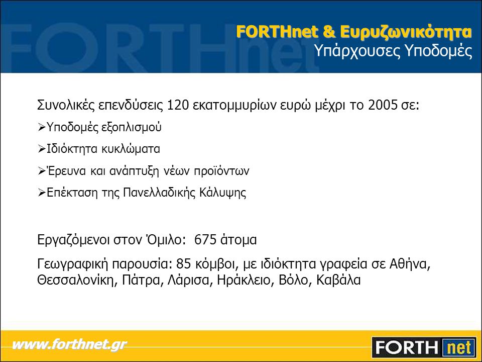 FORTHnet & Ευρυζωνικότητα FORTHnet & Ευρυζωνικότητα Υπάρχουσες Υποδομές   Συνολικές επενδύσεις 120 εκατομμυρίων ευρώ μέχρι το 2005 σε:  Υποδομές εξοπλισμού  Ιδιόκτητα κυκλώματα  Έρευνα και ανάπτυξη νέων προϊόντων  Επέκταση της Πανελλαδικής Κάλυψης Εργαζόμενοι στον Όμιλο: 675 άτομα Γεωγραφική παρουσία: 85 κόμβοι, με ιδιόκτητα γραφεία σε Αθήνα, Θεσσαλονίκη, Πάτρα, Λάρισα, Ηράκλειο, Βόλο, Καβάλα