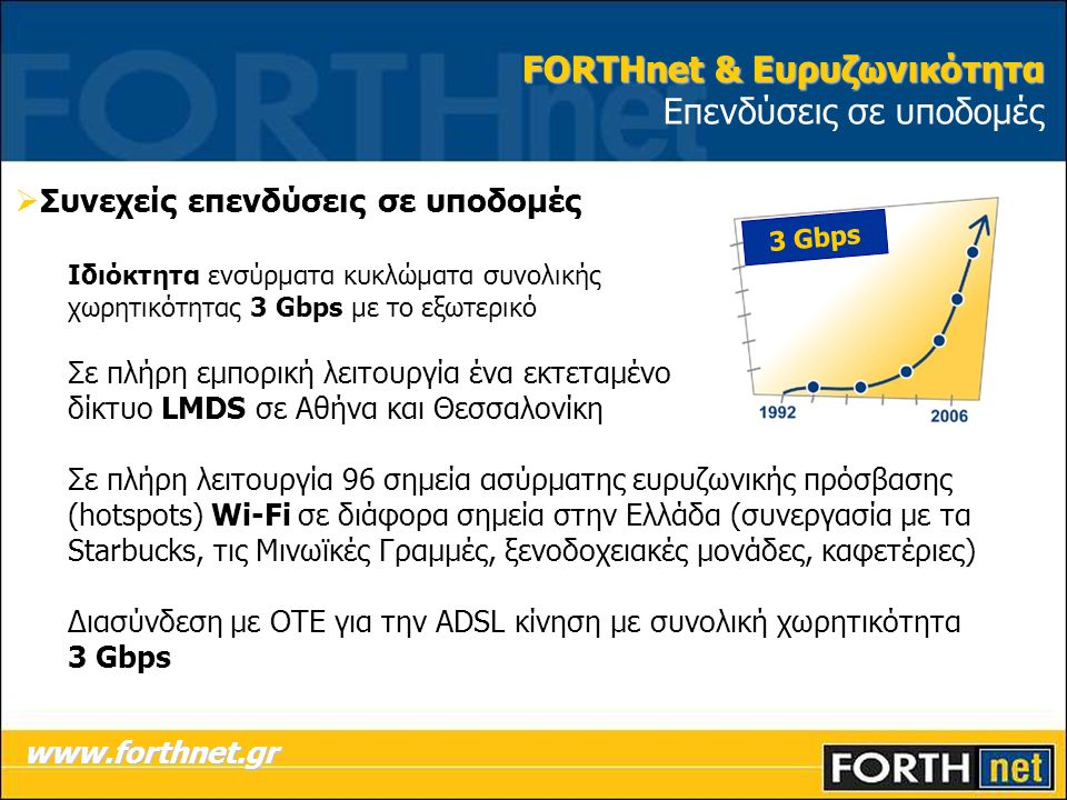 FORTHnet & Ευρυζωνικότητα FORTHnet & Ευρυζωνικότητα Επενδύσεις σε υποδομές  Συνεχείς επενδύσεις σε υποδομές Ιδιόκτητα ενσύρματα κυκλώματα συνολικής χωρητικότητας 3 Gbps με το εξωτερικό Σε πλήρη εμπορική λειτουργία ένα εκτεταμένο δίκτυο LMDS σε Αθήνα και Θεσσαλονίκη Σε πλήρη λειτουργία 96 σημεία ασύρματης ευρυζωνικής πρόσβασης (hotspots) Wi-Fi σε διάφορα σημεία στην Ελλάδα (συνεργασία με τα Starbucks, τις Μινωϊκές Γραμμές, ξενοδοχειακές μονάδες, καφετέριες) Διασύνδεση με ΟΤΕ για την ADSL κίνηση με συνολική χωρητικότητα 3 Gbps