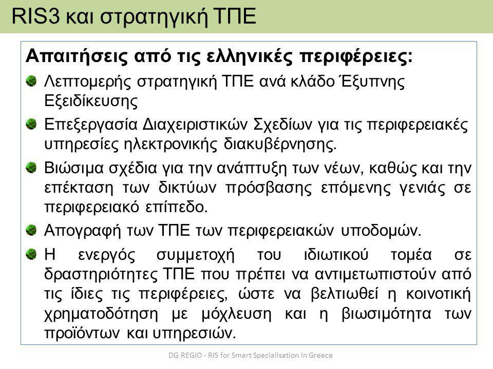 Απαιτήσεις από τις ελληνικές περιφέρειες: Λεπτομερής στρατηγική ΤΠΕ ανά κλάδο Έξυπνης Εξειδίκευσης Επεξεργασία Διαχειριστικών Σχεδίων για τις περιφερειακές υπηρεσίες ηλεκτρονικής διακυβέρνησης.