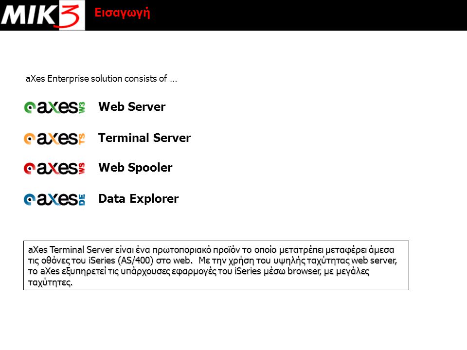 Εισαγωγή aXes Terminal Server είναι ένα πρωτοποριακό προϊόν το οποίο μετατρέπει μεταφέρει άμεσα τις οθόνες του iSeries (AS/400) στο web.