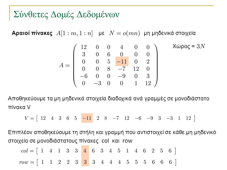 Σύνθετες Δομές Δεδομένων Αραιοί πίνακες Αποθηκεύουμε τα μη μηδενικά στοιχεία διαδοχικά ανά γραμμές σε μονοδιάστατο πίνακα V με μη μηδενικά στοιχεία Επιπλέον αποθηκεύουμε τη στήλη και γραμμή που αντιστοιχεί σε κάθε μη μηδενικό στοιχείο σε μονοδιάστατους πίνακες col και row Χώρος =