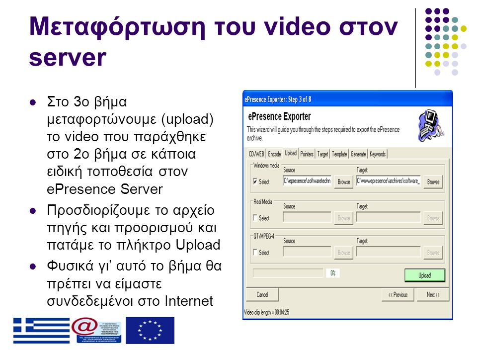 Μεταφόρτωση του video στον server  Στο 3ο βήμα μεταφορτώνουμε (upload) το video που παράχθηκε στο 2ο βήμα σε κάποια ειδική τοποθεσία στον ePresence Server  Προσδιορίζουμε το αρχείο πηγής και προορισμού και πατάμε το πλήκτρο Upload  Φυσικά γι’ αυτό το βήμα θα πρέπει να είμαστε συνδεδεμένοι στο Internet