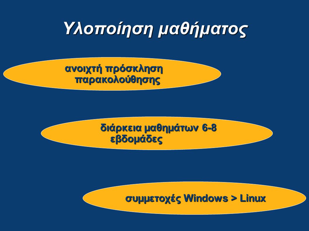 Υλοποίηση μαθήματος ανοιχτή πρόσκληση παρακολούθησης συμμετοχές Windows > Linux διάρκεια μαθημάτων 6-8 εβδομάδες