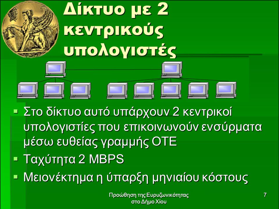 Προώθηση της Ευρυζωνικότητας στο Δήμο Χίου 7 Δίκτυο με 2 κεντρικούς υπολογιστές  Στο δίκτυο αυτό υπάρχουν 2 κεντρικοί υπολογιστίες που επικοινωνούν ενσύρματα μέσω ευθείας γραμμής ΟΤΕ  Ταχύτητα 2 ΜΒPS  Μειονέκτημα η ύπαρξη μηνιαίου κόστους