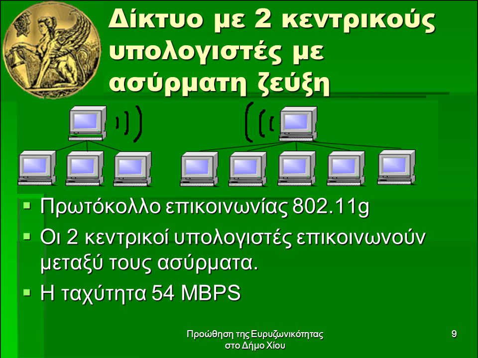 Προώθηση της Ευρυζωνικότητας στο Δήμο Χίου 9 Δίκτυο με 2 κεντρικούς υπολογιστές με ασύρματη ζεύξη  Πρωτόκολλο επικοινωνίας g  Οι 2 κεντρικοί υπολογιστές επικοινωνούν μεταξύ τους ασύρματα.