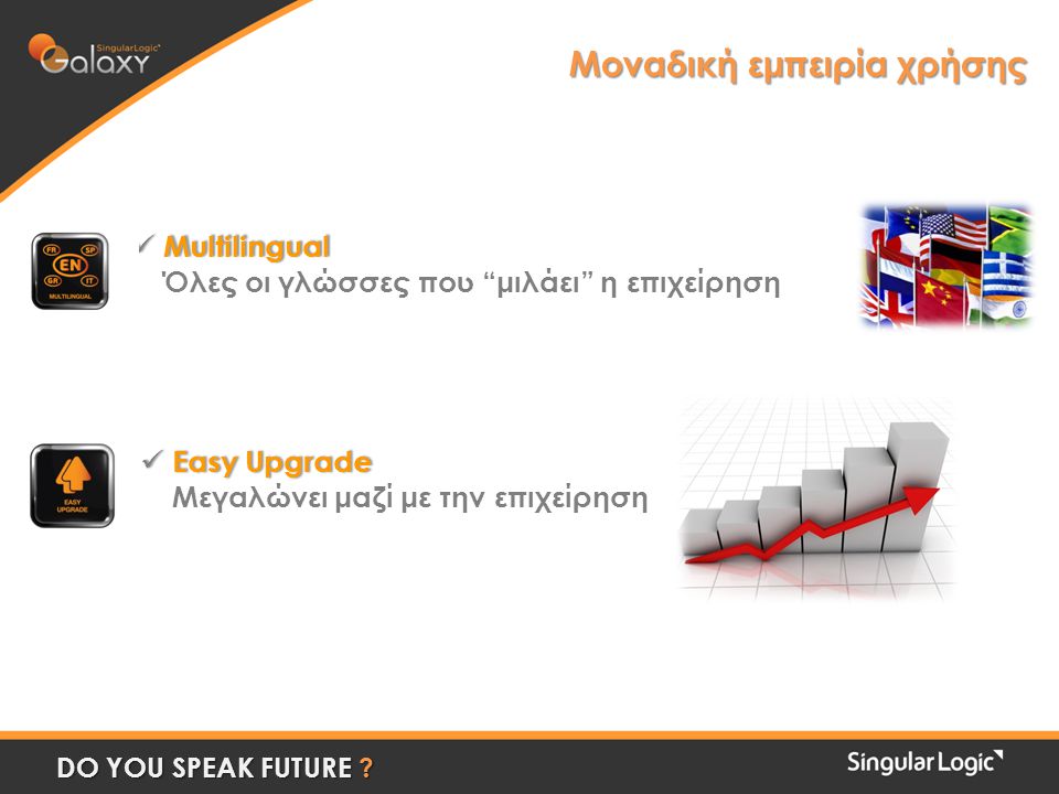  Multilingual Όλες οι γλώσσες που μιλάει η επιχείρηση  Easy Upgrade Μεγαλώνει μαζί με την επιχείρηση Μοναδική εμπειρία χρήσης DO YOU SPEAK FUTURE