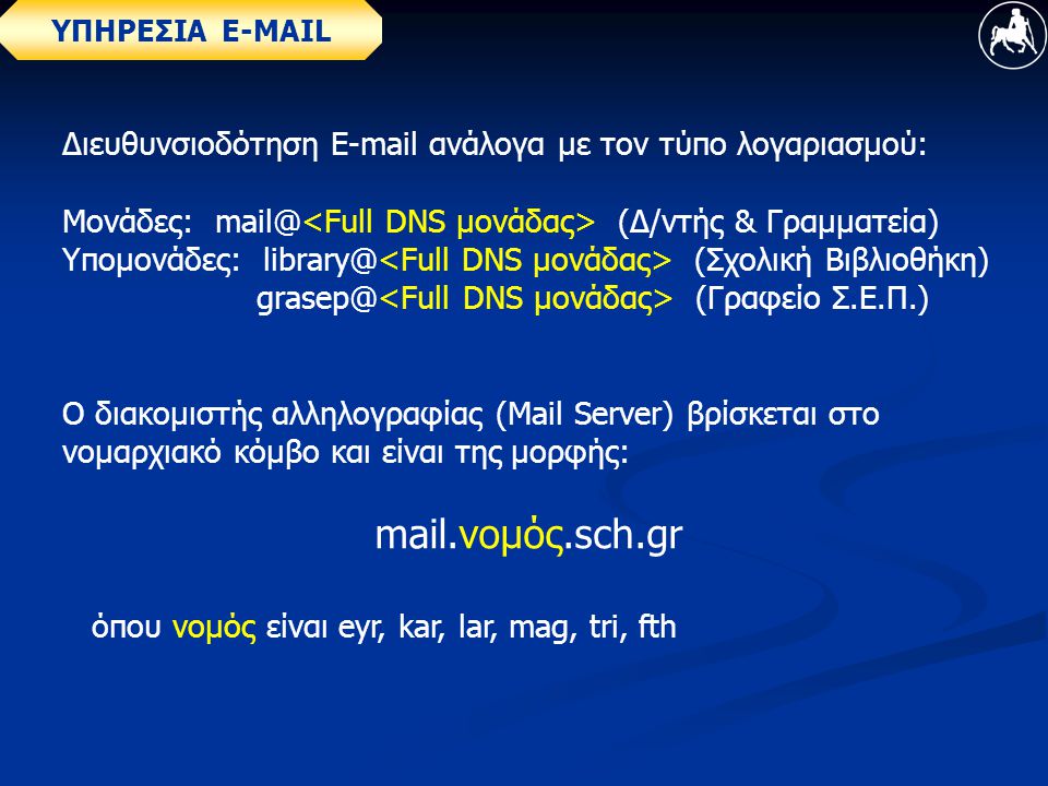 ΥΠΗΡΕΣΙΑ  Διευθυνσιοδότηση Ε-mail ανάλογα με τον τύπο λογαριασμού: Μονάδες: (Δ/ντής & Γραμματεία) Υπομονάδες: (Σχολική Βιβλιοθήκη) (Γραφείο Σ.Ε.Π.) Ο διακομιστής αλληλογραφίας (Mail Server) βρίσκεται στο νομαρχιακό κόμβο και είναι της μορφής: mail.νομός.sch.gr όπου νομός είναι eyr, kar, lar, mag, tri, fth