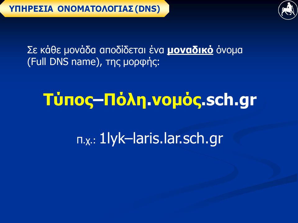 ΥΠΗΡΕΣΙΑ ΟΝΟΜΑΤΟΛΟΓΙΑΣ (DNS) Σε κάθε μονάδα αποδίδεται ένα μοναδικό όνομα (Full DNS name), της μορφής: Τύπος–Πόλη.νομός.sch.gr Π.χ.: 1lyk–laris.lar.sch.gr