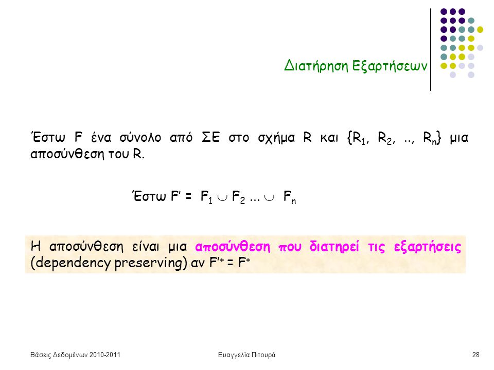 Βάσεις Δεδομένων Ευαγγελία Πιτουρά28 Διατήρηση Εξαρτήσεων Η αποσύνθεση είναι μια αποσύνθεση που διατηρεί τις εξαρτήσεις (dependency preserving) αν F’ + = F + Έστω F ένα σύνολο από ΣΕ στο σχήμα R και {R 1, R 2,.., R n } μια αποσύνθεση του R.