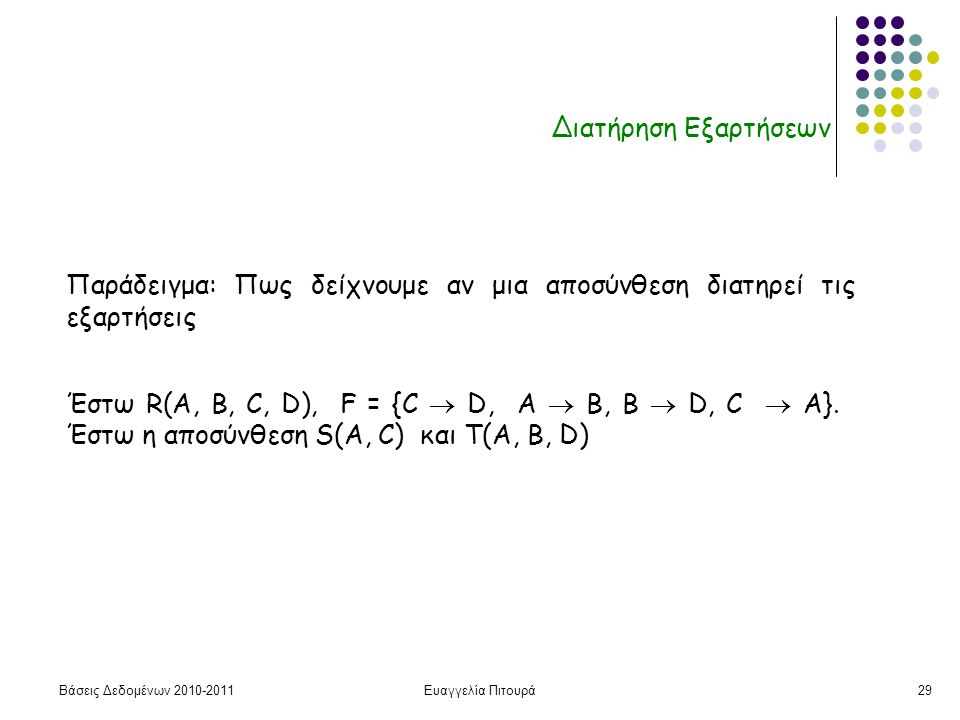 Βάσεις Δεδομένων Ευαγγελία Πιτουρά29 Διατήρηση Εξαρτήσεων Παράδειγμα: Πως δείχνουμε αν μια αποσύνθεση διατηρεί τις εξαρτήσεις Έστω R(A, B, C, D), F = {C  D, A  B, Β  D, C  A}.