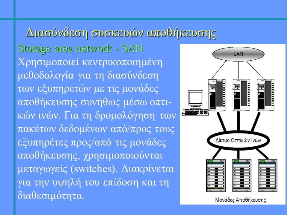 Διασύνδεση συσκευών αποθήκευσης Storage area network - SAN Χρησιμοποιεί κεντρικοποιημένη μεθοδολογία για τη διασύνδεση των εξυπηρετών με τις μονάδες αποθήκευσης συνήθως μέσω οπτι- κών ινών.