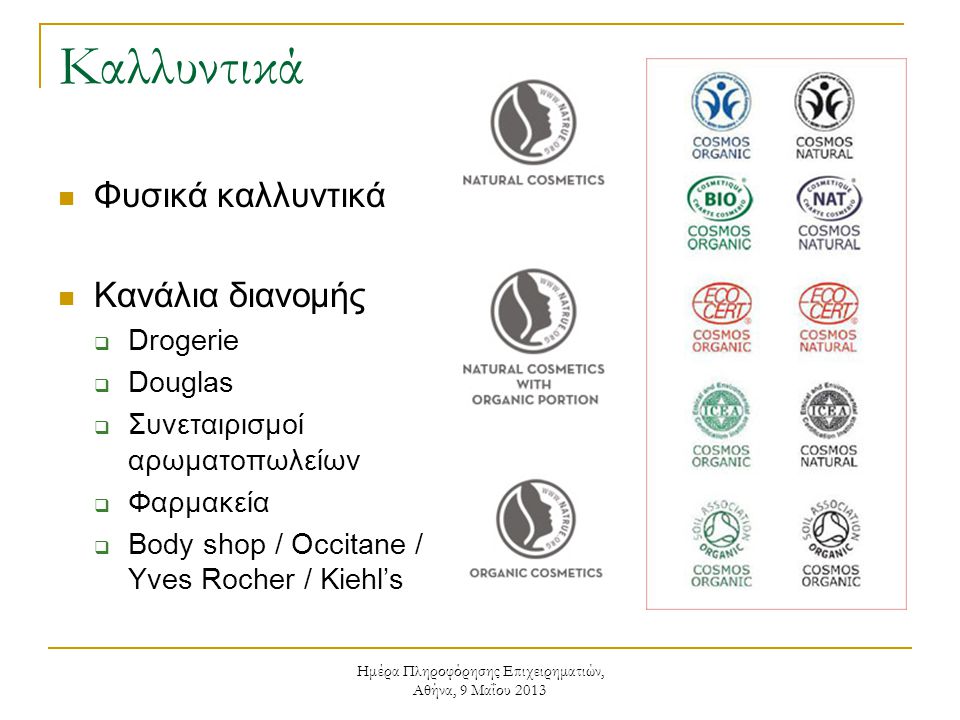 Ημέρα Πληροφόρησης Επιχειρηματιών, Αθήνα, 9 Μαΐου 2013 Καλλυντικά  Φυσικά καλλυντικά  Κανάλια διανομής  Drogerie  Douglas  Συνεταιρισμοί αρωματοπωλείων  Φαρμακεία  Body shop / Occitane / Yves Rocher / Kiehl’s