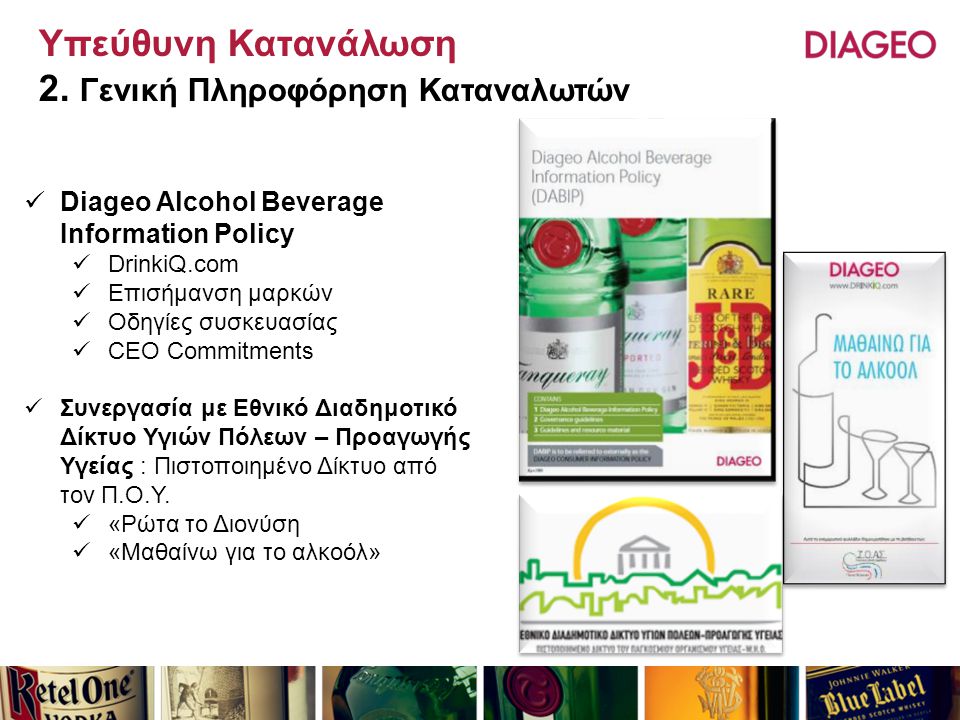 Diageo Alcohol Beverage Information Policy  DrinkiQ.com  Επισήμανση μαρκών  Οδηγίες συσκευασίας  CEO Commitments  Συνεργασία με Εθνικό Διαδημοτικό Δίκτυο Υγιών Πόλεων – Προαγωγής Υγείας : Πιστοποιημένο Δίκτυο από τον Π.Ο.Υ.