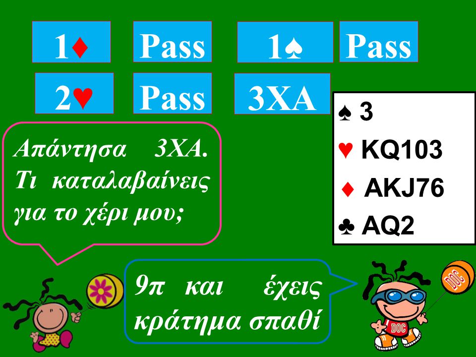 ♠ 3 ♥ ΚQ103  ΑKJ76 ♣ AQ2 1♦1♦ Pass 2♥2♥ 1♠1♠ Απάντησα 3ΧΑ.