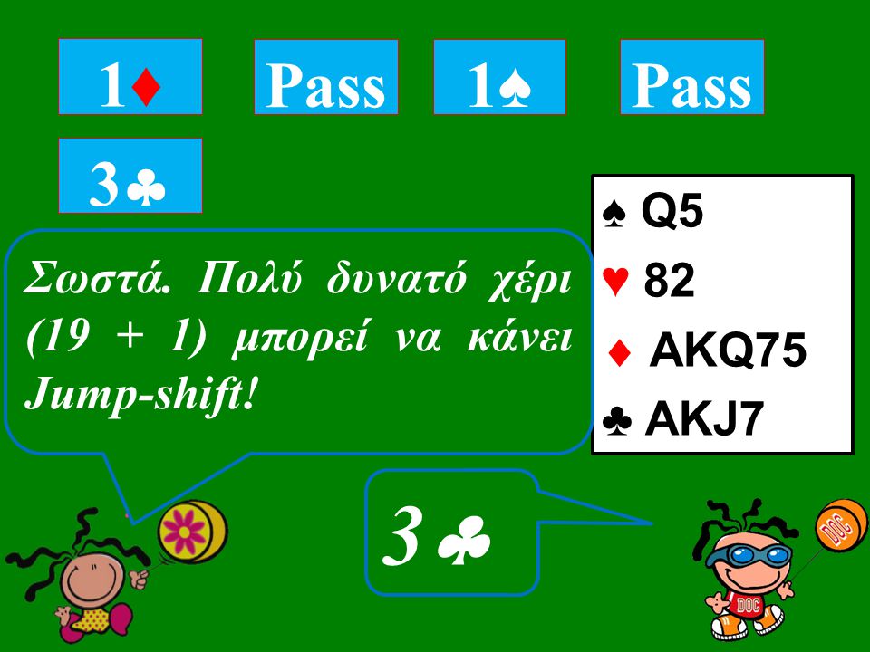 ♠ Q5 ♥ 82  ΑΚQ75 ♣ AKJ7 1♦1♦ Tι επαναδηλώνεις με αυτό το χέρι; 33 Pass 1♠1♠ 33 Σωστά.