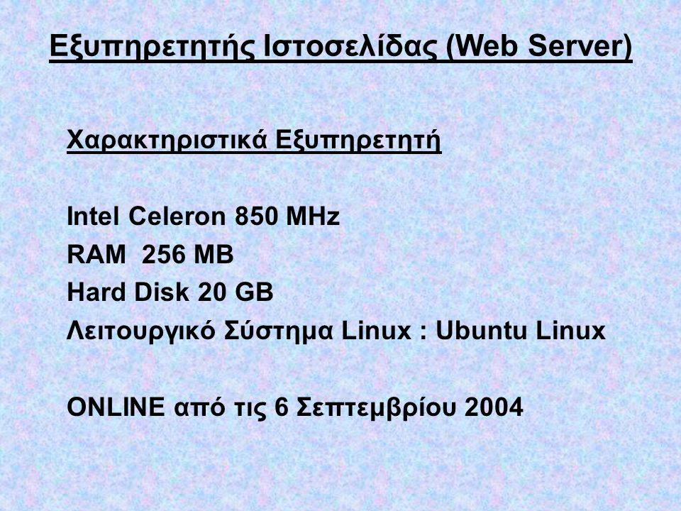 Εξυπηρετητής Ιστοσελίδας (Web Server) Χαρακτηριστικά Εξυπηρετητή Intel Celeron 850 MHz RAM 256 MB Hard Disk 20 GB Λειτουργικό Σύστημα Linux : Ubuntu Linux ONLINE από τις 6 Σεπτεμβρίου 2004