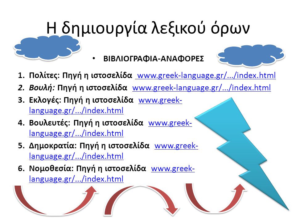 Η δημιουργία λεξικού όρων • ΒΙΒΛΙΟΓΡΑΦΙΑ-ΑΝΑΦΟΡΕΣ 1.Πολίτες: Πηγή η ιστοσελίδα   2.Βουλή: Πηγή η ιστοσελίδα   3.Εκλογές: Πηγή η ιστοσελίδα   language.gr/.../index.htmlwww.greek- language.gr/.../index.html 4.Βουλευτές: Πηγή η ιστοσελίδα   language.gr/.../index.htmlwww.greek- language.gr/.../index.html 5.Δημοκρατία: Πηγή η ιστοσελίδα   language.gr/.../index.htmlwww.greek- language.gr/.../index.html 6.Νομοθεσία: Πηγή η ιστοσελίδα   language.gr/.../index.htmlwww.greek- language.gr/.../index.html