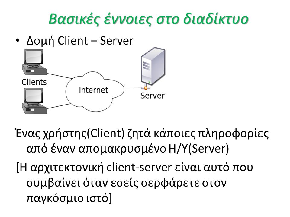 Βασικές έννοιες στο διαδίκτυο • Δομή Client – Server Ένας χρήστης(Client) ζητά κάποιες πληροφορίες από έναν απομακρυσμένο Η/Υ(Server) [Η αρχιτεκτονική client-server είναι αυτό που συμβαίνει όταν εσείς σερφάρετε στον παγκόσμιο ιστό]