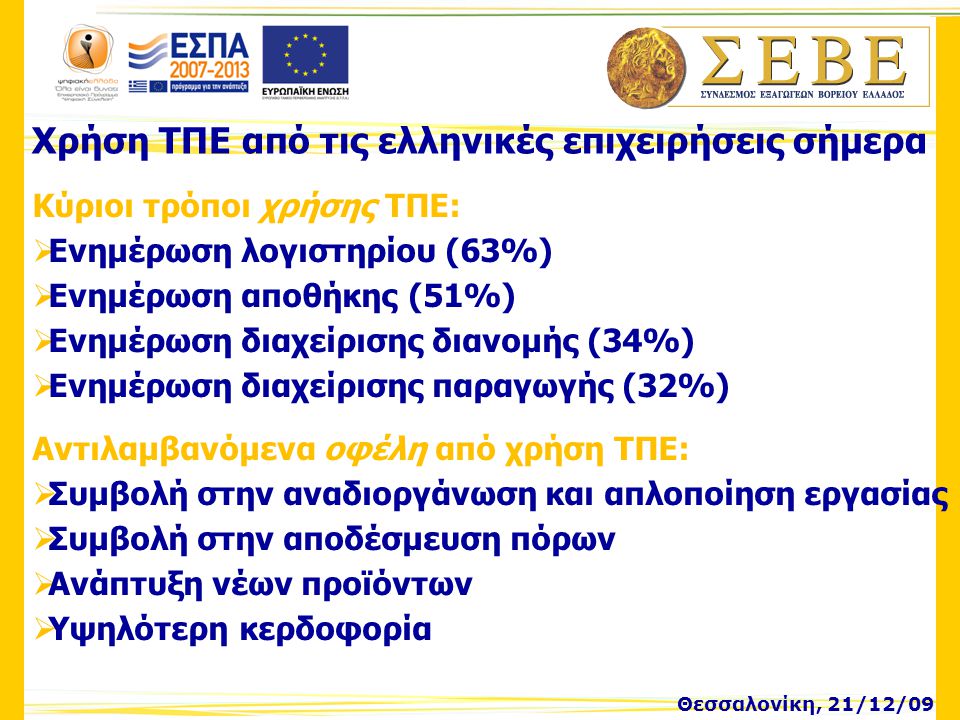 Χρήση ΤΠΕ από τις ελληνικές επιχειρήσεις σήμερα Κύριοι τρόποι χρήσης ΤΠΕ:  Ενημέρωση λογιστηρίου (63%)  Ενημέρωση αποθήκης (51%)  Ενημέρωση διαχείρισης διανομής (34%)  Ενημέρωση διαχείρισης παραγωγής (32%) Αντιλαμβανόμενα οφέλη από χρήση ΤΠΕ:  Συμβολή στην αναδιοργάνωση και απλοποίηση εργασίας  Συμβολή στην αποδέσμευση πόρων  Ανάπτυξη νέων προϊόντων  Υψηλότερη κερδοφορία
