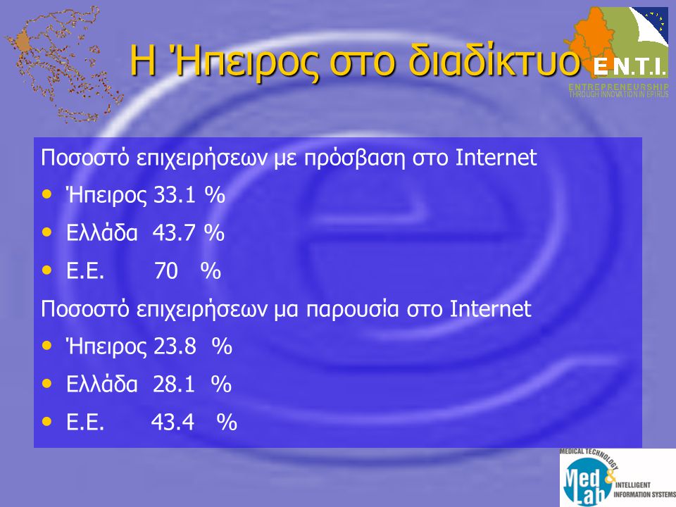 Η Ήπειρος στο διαδίκτυο Ποσοστό επιχειρήσεων με πρόσβαση στο Internet • • Ήπειρος 33.1 % • • Ελλάδα 43.7 % • • Ε.Ε.