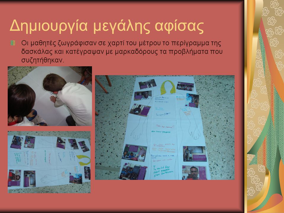 Δημιουργία μεγάλης αφίσας Οι μαθητές ζωγράφισαν σε χαρτί του μέτρου το περίγραμμα της δασκάλας και κατέγραψαν με μαρκαδόρους τα προβλήματα που συζητήθηκαν.