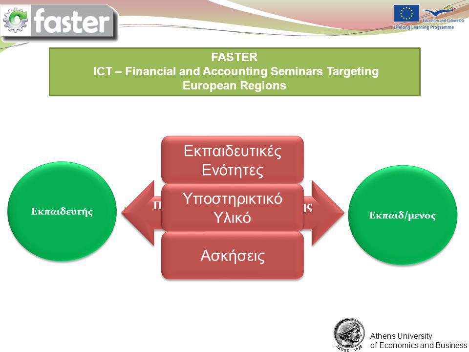 1/6/2012 FASTER LOGO FASTER ICT – Financial and Accounting Seminars Targeting European Regions You are expected to prepare a ppt presentation for each point of the program assigned to you Athens University of Economics and Business Περιβάλλον Αλληλεπίδρασης Συνεχής Επικοινωνία Περιβάλλον Αλληλεπίδρασης Συνεχής Επικοινωνία Εκπαιδευτής Εκπαιδευτικές Ενότητες Υποστηρικτικό Υλικό Ασκήσεις Εκπαιδ/μενος