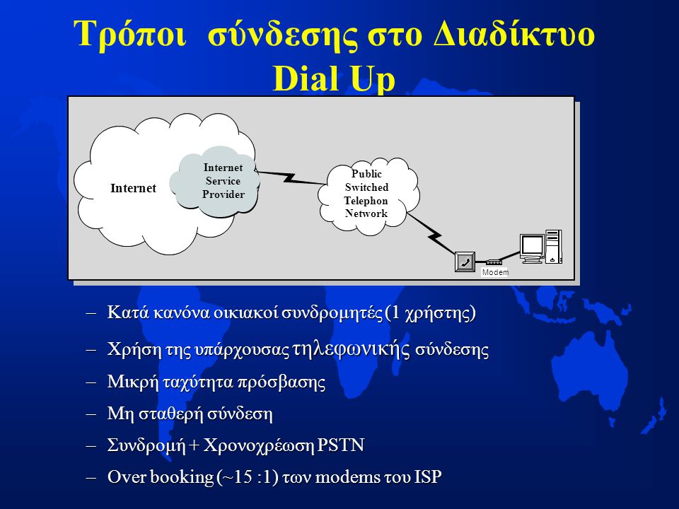 Τρόποι σύνδεσης στο Διαδίκτυο Dial Up –Κατά κανόνα οικιακοί συνδρομητές (1 χρήστης) –Χρήση της υπάρχουσας τηλεφωνικής σύνδεσης –Μικρή ταχύτητα πρόσβασης –Μη σταθερή σύνδεση –Συνδρομή + Χρονοχρέωση PSTN –Over booking (~15 :1) των modems του ISP Modem Internet Service Provider Public Switched Telephon Network Internet