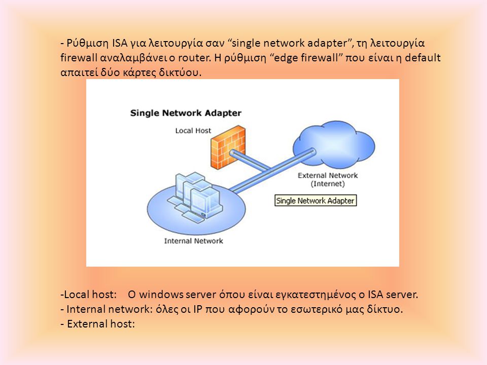 - Ρύθμιση ISA για λειτουργία σαν single network adapter , τη λειτουργία firewall αναλαμβάνει ο router.